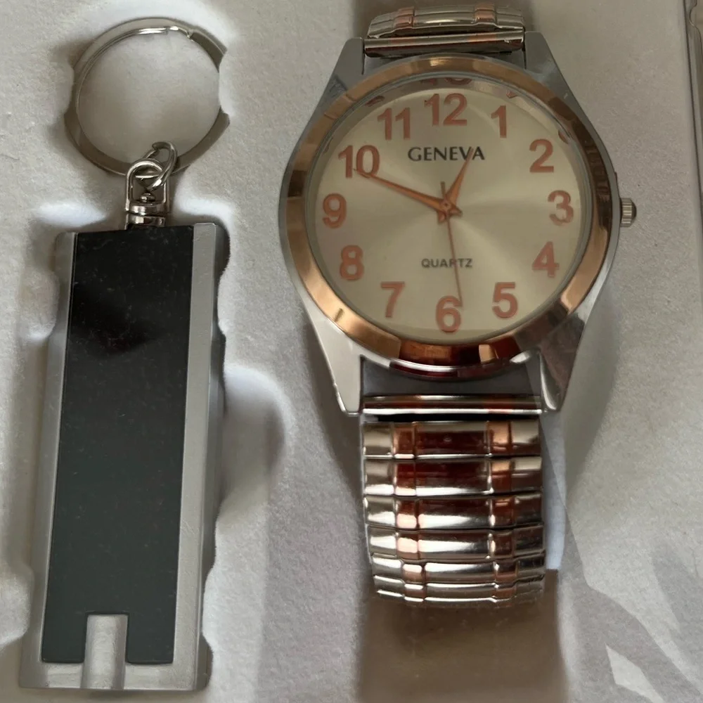 Geneva Two-Tone Silver and Gold Watch with Black Keychain Flashlight